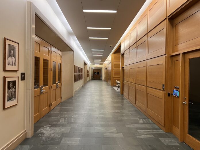 The hallways of Wasserstein Hall at Harvard Law School. (Tobi Omotoso, 2023)