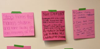 Five different posters on the wall levying criticism at the administration for failing to protect doxxed students from retaliation or professional harm. Posters were hung in front of the Dean of Students office by protestors.