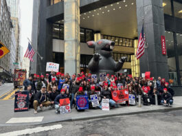 Mobilization for Justice (MFJ) workers picketting in front of the MFJ office in New York, NY. A large inflatable rat, a regular sight at picketting events, is displayed behhind the workers. (Miriam Shestack, 2024)