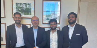 (From left to right) Hussain Awan, HLS '25, Justice Shah, Saeed Ahmad, J.D. '24, and Muhammad Hassan Ali, LLM '25 posing on the second floor of Wasserstein Hall.