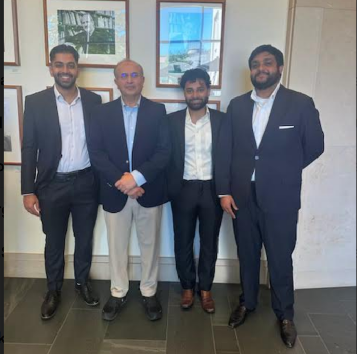 (From left to right) Hussain Awan, HLS '25, Justice Shah, Saeed Ahmad, J.D. '24, and Muhammad Hassan Ali, LLM '25 posing on the second floor of Wasserstein Hall.