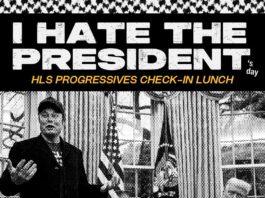 "I Hate the President's Day" flyer, which has "I HATE THE PRESIDENT" in all caps, with a small "'s day" in lower case following the words. Additionally there is a black and white, grainy image of Elon Musk and Donald Trump in the oval office.