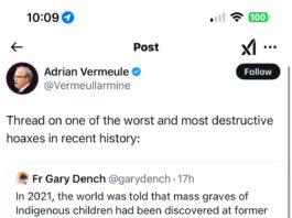 X(formerly known as Twitter) post showing Adrian Vermeule, J.D. '93, reposting with approval a thread describing reactions to revelations about unmarked graves at First Nations' residential schools "hysteria" and decrying the lack of attention paid to subsequent attacks on Catholic institutions.