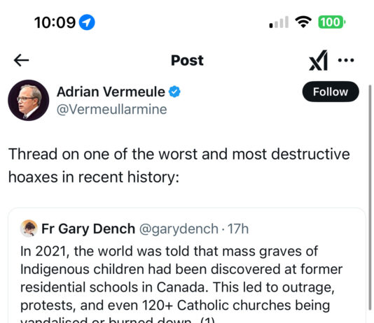 X(formerly known as Twitter) post showing Adrian Vermeule, J.D. '93, reposting with approval a thread describing reactions to revelations about unmarked graves at First Nations' residential schools "hysteria" and decrying the lack of attention paid to subsequent attacks on Catholic institutions.