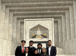 First row left to right: Arash Abbas ,’26, Omar Ranjha, clerk for Justice Mansoor Ali Shah of the Supreme Court of Pakistan, Saeed Ahmad ’, J.D. 24, Hussain Awan, HLS ’25,; Second row left to right: Hurya Ahmad HLS ’25, ,Rimsha Saeed HLS ’26, Juvaria Shahid HLS ’26.