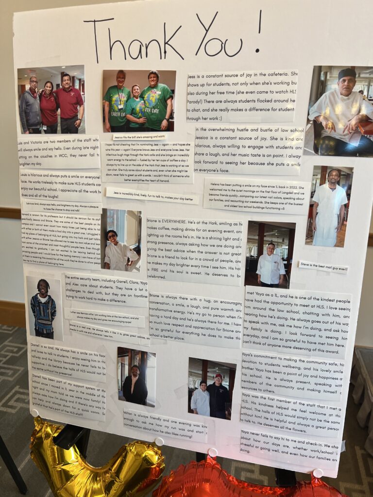 A poster board with photos and words of appreciation for the staff.