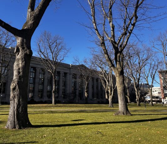 A picture of Langdell Library and the quad in December.