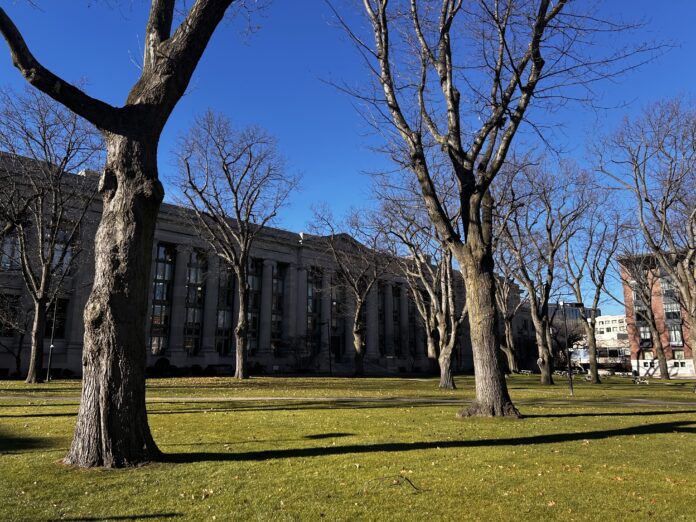 A picture of Langdell Library and the quad in December.